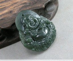 Free Shipping - good luck Amulet Hand carved Natural dark Green jade Lau... - £20.35 GBP