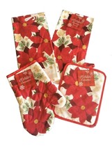 Christmas Dish Towels Pot holder Oven Mitt Poinsettia Holiday set of 4 K... - £17.92 GBP