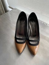 EUC LANVIN Beige Pattern Leather with Black Ribbon Shoes SZ 36.5 Made in... - $127.71