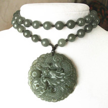 Free Shipping -  jadeite jade Natural dark green Jadeite Jade carved Dragon Roun - £23.70 GBP