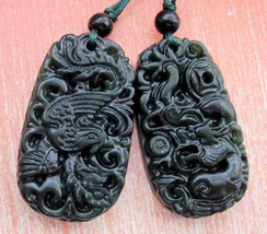 Free Shipping -  A pair Natural black  jadeite carved dragon Phoenix  Pendant  c - £15.64 GBP