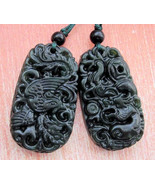 Free Shipping -  A pair Natural black  jadeite carved dragon Phoenix  Pe... - $20.00
