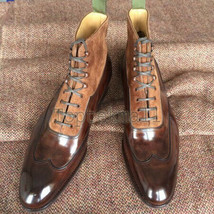 Handmade Men&#39;s Leather Ankle High Fashion Formal Wingtip Formal Derby Bo... - $265.99