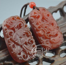Free Shipping - good luck Natural Red agate / Carnelian Carved Dragon Phoenix  P - £15.73 GBP