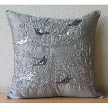 Gray Art Silk 16&quot;x16&quot; Sequins &amp; Beaded Pigeon Pillows Cover, Silver Pigeons - £26.12 GBP+