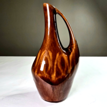 Vintage Pitcher Vase With Handle Fine Art Pottery Dark Brown Poland 9.5&quot; Décor - £39.19 GBP
