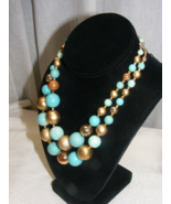 Vintage Marvella Double Beaded Necklace Turquoise &amp; Gold Colored Beads 16-F - $44.50