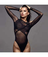 Women Black Sheer Mesh Long Sleeve Clubwear Bodysuits Top_ - £11.99 GBP