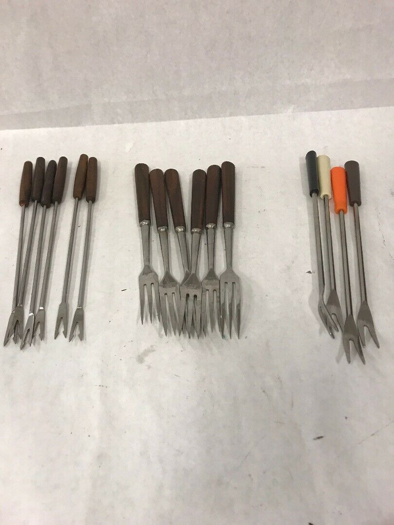Primary image for VINTAGE OLD LOT 16 FONDUE FORKS WOOD HANDLE RAINBOW METAL MID CENTURY 11 inch
