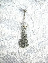 New Pewter Fat Cat Swirl Design Charm On Clear Cz Banana Bar Belly Button Ring - £4.78 GBP