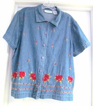 Lemon Grass Petites Denim Blouse Top Shirt Floral Sequin S/S Blue Women&#39;s PL - £19.11 GBP