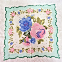 Vintage Hankie Soft Water Colored Floral Print Pink Blue Soft Green 12 Inch - $9.89