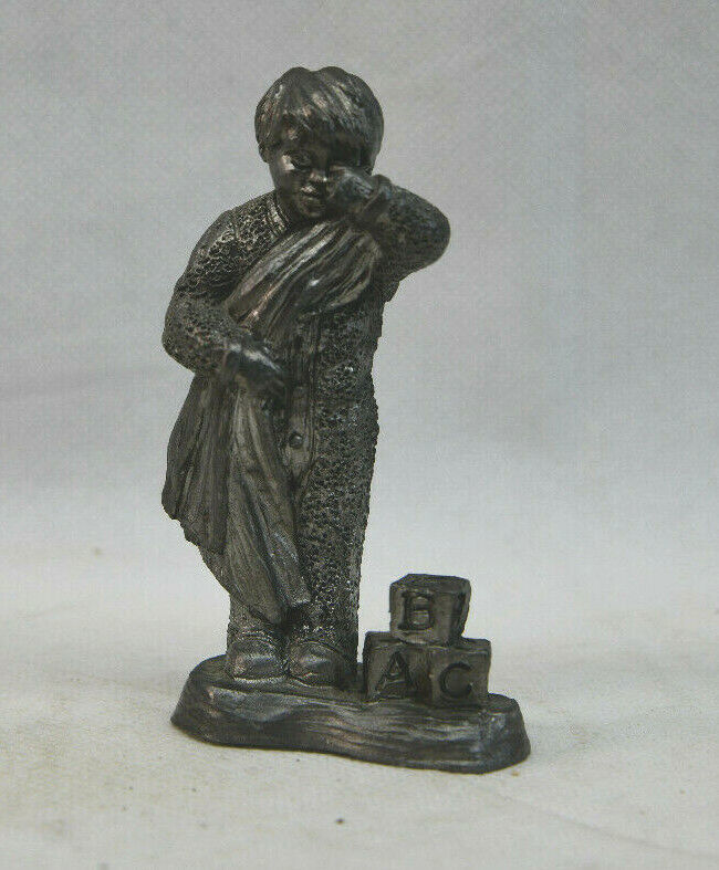 Vintage Michael Ricker Boy In Pajamas With Blanket Blocks Pewter Figurine - £10.38 GBP