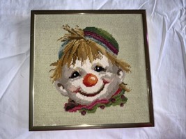 Vintage Needlepoint Completed Framed Clown Face Bright  Colors - a few flaws - £20.08 GBP