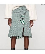 nwt $40 ZARA gingham ruffle skirt women&#39;s XS green+white TRF asymmetric ... - $14.84