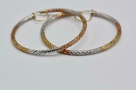 14K Tri Color Gold Diamond Cut Design Perforated 56mm Hoop Earrings 5.4 Grams - £318.39 GBP