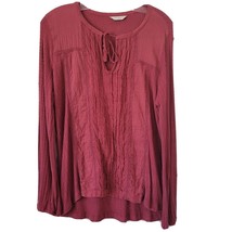 Lucky Brand Long Sleeve Red Pleated Henley V-Neck Top Womens Large - £14.28 GBP