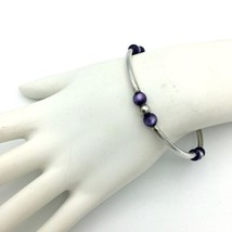 STERLING silver tube &amp; purple glass beaded stretch bracelet - spring core bangle - £11.35 GBP