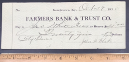 Antique 1910 Famers Bank &amp; Trust Georgetown Kentucky KY Cancelled Bank C... - $9.49