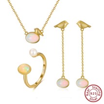 Authentic 925 Sterling Silver Natural Opal Earrings Necklace Ring Set Gold Plate - £70.35 GBP
