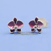 S925 Sterling Silver Orchids Red Enamel &amp; Purple CZ Stud Earrings - £12.94 GBP