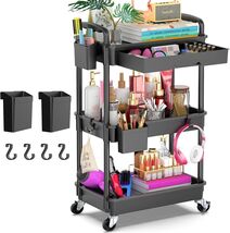 Durable Plastic 3-Tier Rolling Storage Cart with Hooks for Enhanced Orga... - $50.44