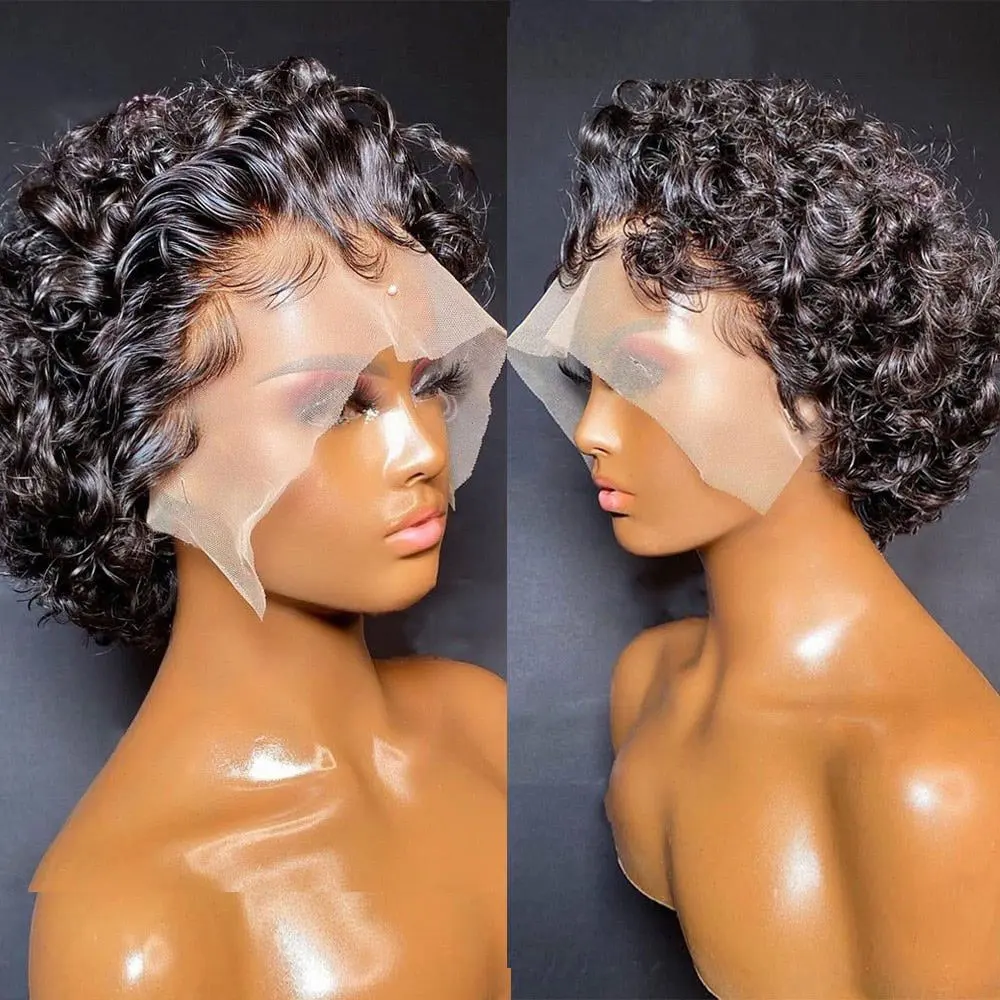 Cheap Short Bob Pixie Cut Wig Curly Human Hair Wigs Deep Wave Wig 13X1  - £32.01 GBP