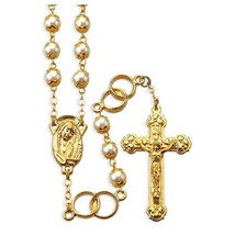 Wedding White Pearl Glass Gold Tone Rosary with Rings - $41.95