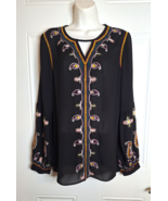 Valerie Stevens Black Long Sleeve Embroidered blouse Top Paisley Design ... - $22.79