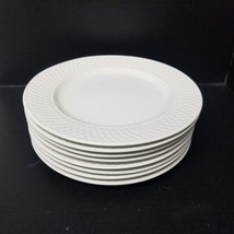 8 Dinner Plates 10&quot; White Basketweave Pattern Ceramic Stoneware Glossy Set - $22.77