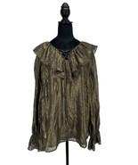 Roamans New Sheer Layered Gold Shimmer Lace Up Ruffled Blouse Top 14W - $25.73