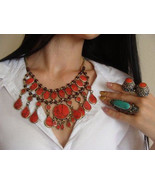 Vintage Kuchi Tribal RARE Coral Silver Choker Tribal Renaissance Boho Ne... - $95.72 CAD