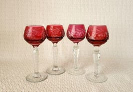 Lausitzer Cranberry Cut to Clear Crystal Cordial Glasses Grape/Leaf ~ Se... - £70.05 GBP