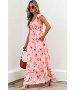 Pink Floral V Neck Smocked High Waist Ruffle Hem Long Dress - $38.13 CAD