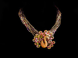 Vintage Dramatic peacock necklace - rhinestone brooch - statement neckla... - £95.92 GBP