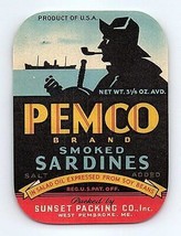 Pemco Smoked Sardines Sunset Packing West Pembroke Maine Label - £11.15 GBP