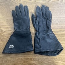 Harley Davidson Womens Black Leather  Gauntlet Gloves Size Small w/ Metal Logo - £14.92 GBP