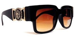 HYPE BLACK GOLD SQUARE LION HEAD COIN BUCKLE SUNGLASSES BROWN LENS RETRO... - $158.43 MXN
