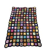 Vtg Granny Square Multicolor Artisan Crocheted Afghan Handmade Throw Bla... - £36.26 GBP