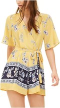 Kimono Border-Print Floral V-Neck Romper Trixxi Juniors Yellow Size XXS - £7.90 GBP
