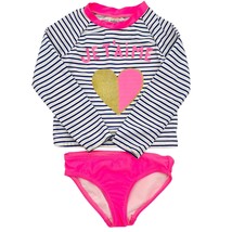OshKosh B&#39;gosh 3T 2pc Swimsuit LS Top Blue White JE T&#39;AIME Heart Pink Bottoms - £11.84 GBP