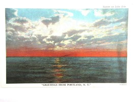New York Lake Erie Sunset on Lake Erie Greetings from Portland New York Postcard - £5.94 GBP