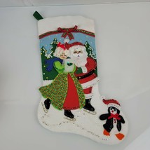 Vintage Felt Handmade Xmas Stocking Santa Mrs Ms Claus Sequin Penguin  18&quot; - £39.55 GBP