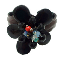 Trendy Floral Fashion Black Agate Leather Band Cuff-3 - $13.36