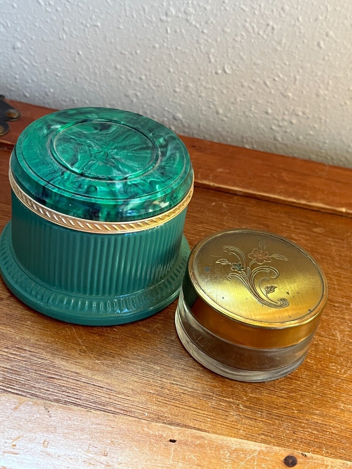 Vintage Lot of Avon Green Glass Vanity Jar w Plastic Lid & Small Clear Glass w  - $13.09