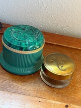 Vintage Lot of Avon Green Glass Vanity Jar w Plastic Lid &amp; Small Clear Glass w  - £10.52 GBP