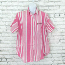 Womens Button Up Shirt Large Pink Striped Top Short Sleeve Pocket 90&#39;s C... - £15.71 GBP
