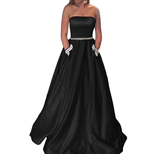 Kivary Plus Size Beaded Belt Long Formal Prom Evening Dresses with Pockets Black