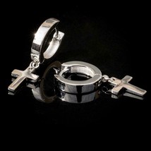 Echt Weißgold Sterlingsilber Herren Kreuz Ohrhänger Huggie Creolen - $40.57