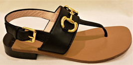 Gucci Thong Sandals Size:EU-37.5/US-7.5 Black Leather Gold Metal Horsebit Accent - £79.89 GBP